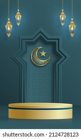 Escenario islámico 3d de podio con patrón oro para Eid Mubarak, Ramadan Kareem, Muharram, Iftar, mawlid, isra miraj con fondo de color