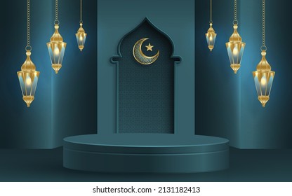 Islamic 3d podium round stage for Eid Mubarak Ramadan Kareem Muharram or Iftar on color background