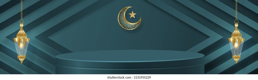 Islamic 3d podium round stage for Eid Mubarak, Ramadan Kareem, Muharram, Iftar, mawlid, isra miraj on color background