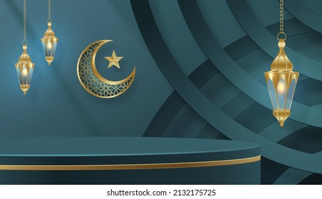 Islamic 3d podium round stage for Eid Mubarak, Ramadan Kareem, Muharram, Iftar, mawlid, isra miraj on color background