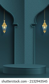 Islamisches 3D-Podium rund um die Bühne für Eid Mubarak Ramadan Kareem Muharram oder Iftar auf Farbhintergrund
