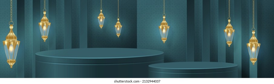 Islamic 3d podium round stage for Eid Mubarak, Ramadan Kareem, Muharram, Iftar, mawlid, isra miraj on color background