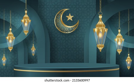 Islamic 3d podium round stage for Eid Mubarak, Ramadan Kareem, Muharram, Iftar, mawlid, isra miraj on color background