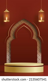 Islamic 3d podium round stage for Eid Mubarak, Ramadan Kareem, Muharram, Iftar on color background