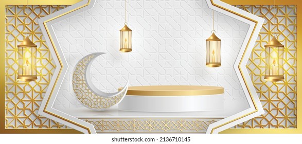 Islamic 3d podium round stage for Eid Mubarak, Ramadan Kareem, Muharram, Iftar on color background