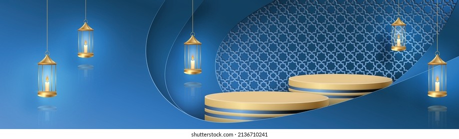 Islamic 3d podium round stage for Eid Mubarak, Ramadan Kareem, Muharram, Iftar on color background