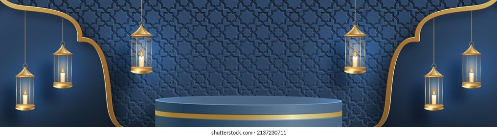 Islamic 3d podium round stage for Eid Mubarak, Ramadan Kareem, Muharram, Iftar on color background