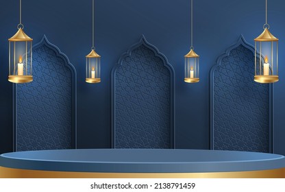 Islamic 3d podium round stage for Eid Mubarak, Ramadan Kareem, Muharram, Iftar on color background