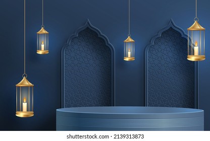 Islamic 3d podium round stage for Eid Mubarak, Ramadan Kareem, Muharram, Iftar on color background