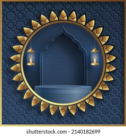 Islamic 3d podium round stage for Eid Mubarak, Ramadan Kareem, Muharram, Iftar on color background