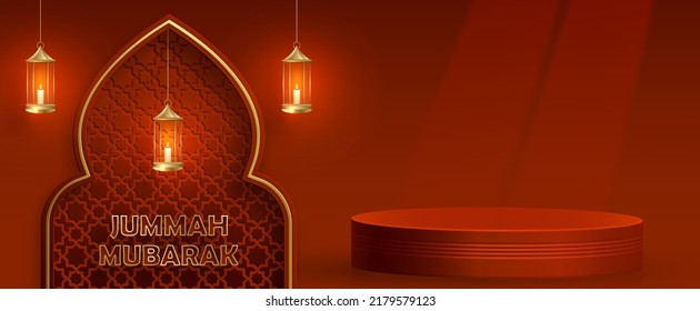 Escenario islámico 3d de podio para Jumma Mubarak sobre fondo de color