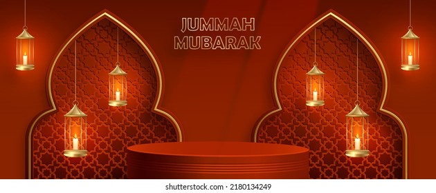 Islamic 3d podium round stage for Jumma Mubarak on color background