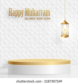 Islamic 3d podium round stage with gold pattern for Muharram, the Islamic New Year