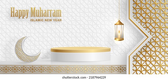 Islamic 3d podium round stage with gold pattern for Muharram, the Islamic New Year