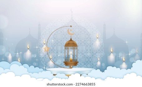 Islamic 3D Podium with Traditional islamic lantern and Crescent Moon,Star hanging on blue sky background,Vector Backdrop Religion of Muslim Symbolic,Eid al fitr,Ramadan Kareem,Eid al Adha,Eid Mubarak