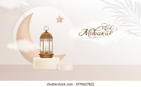 Islamic 3D Podium, Traditional Islamic Lantern,Candle Fluffy Cloud,Crescent Moon And Star Hanging On Pink Background, Vector Backdrop Of Religions Symbolic For Eid Mubarak, Eid Al Fitr, Ramadan Kareem