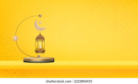 Islamic 3d Podium with Traditional islamic lantern,Crescent moon and star on yellow background,Vector banner Religion of Muslim Symbolic,Eid ul fitr,Ramadan Kareem,Eid al Adha,Eid Mubarak,Eid el kabir