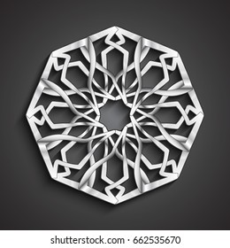 Islamic 3D silver ornament, arabic style mandala. Vector illustration