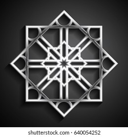 Islamic 3D silver ornament. Vector round mandala background. Architecture design in arabic style.