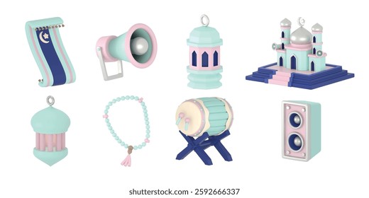 islamic 3D vector icon set on white background. for design need, animation, game, apps, Ui Design, web design, presentation, flyer or poster, social media advertising, content creator, and other.