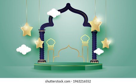 Islamisches 3D-Vektorpodium für Produktpräsentation Verkaufsbanner mit Halbmond und islamischen Dekorationen.
