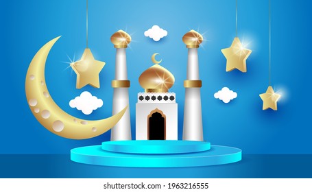 Islamic 3d vector podium for product display sale banner with crescent moon and Islamic decorations.