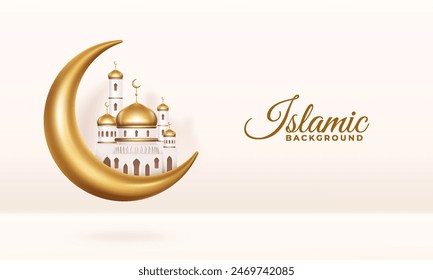 Islamic arab background in beige color with golden elements. Crescent moon, mosque 3D realistic elements in minimalistic style.