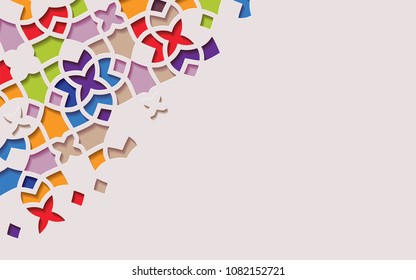 Islamic arabesque design greeting card for Ramadan Kareem. Arabic ornamental colorful detail of mosaic. Vector illustration.