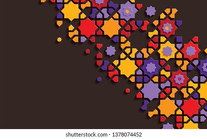 Islamic arabesque design greeting card for Ramadan Kareem, Arabic ornamental colorful detail of mosaic isolated on a dark background
