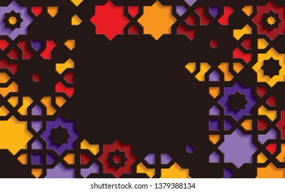 Islamic arabesque design greeting card for Ramadan Kareem, Arabic ornamental colorful detail of mosaic isolated on a dark background