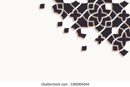 Islamic arabesque design greeting card for Ramadan Kareem, Arabic ornamental black and white detail of mosaic