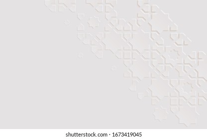 Islamic arabesque design greeting card for Ramadan Kareem,Arabic ornamental monochrome detail of mosaic,white abstract texture, 3d vector background 