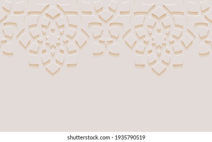 Islamic arabesque design greeting card for Ramadan Kareem,Arabic ornamental monochrome detail of mosaic,light abstract texture,3d vector background 