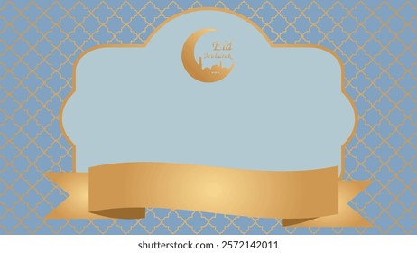 Islamic Arabian cultural design background 4K with Moroccan seamless pattern, frame, ribbon, crescent moon and mosque ornament. Large copy space for religious message and announcement. blue and gold.