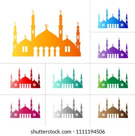 Islamic Arabian Mosque - Vector Illustration Isolated Icon in yellow, blue, Red, Green, Purple, Grey, Brown