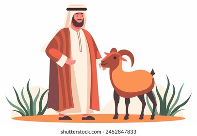 Islamic Arabian Muslim Man with Sheep Goat in Eid Al Adha Celebration