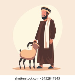 Islamic Arabian Muslim Man with Sheep Goat in Eid Al Adha Celebration