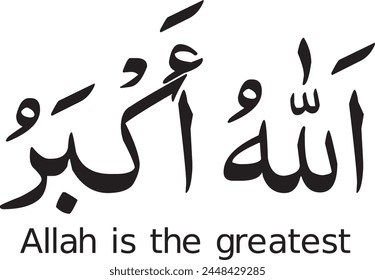Islamic arabic allahu akbar calligraphy with meaning isolated on white background. ALLAH is the greatest.
