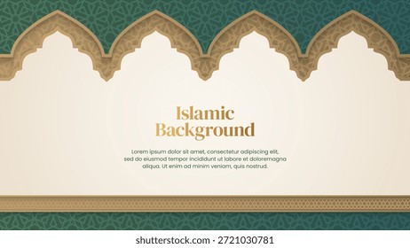 Islamic Arabic Arabesque Ornament Pattern Luxury Green, Golden and Beige Background with Copy Space