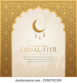 Islamic Arabic Arabesque Pattern Luxury Golden Frame Background with Eid Al Fitr Greetings