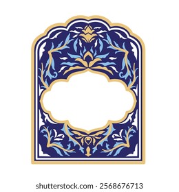 Islamic Arabic arch window border frame with mosaic ornament and copy space for text tittle or greeting. Luxury arabesque banner with elegant golden and blue floral decoration