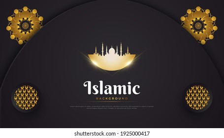 Islamic Arabic Background with Abstract Elegant Decoration and Golden Mosque on Black Papercut Background