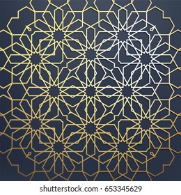 Islamic arabic background. Gold traditional pattern. Greeting card, invitation for muslim community holy month Ramadan Kareem. Vector illustration.