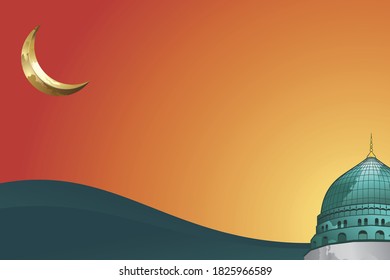 Islamic arabic background for greeting card template- with crescent moon, dome of mosque, vector eps 10
