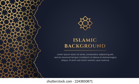 Islamic Arabic Blue Luxury Arabesque Pattern Background with Elegant Golden Frame