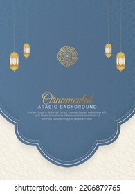 Islamic Arabic Blue Luxury Background with Geometric Pattern and Beautiful Ornament with Lanterns