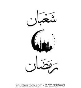 Caligrafía árabe islámica con las palabras “Sha’ban” y “Ramadán” con una luna creciente y silueta de mezquita, que simbolizan los meses sagrados islámicos.