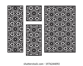 Islamic Arabic cnc laser pattern with flowers. Decorative panel, screen, wall. Vector CNC panels set for laser cutting. Template for interior partition, room divider, privacy fence.