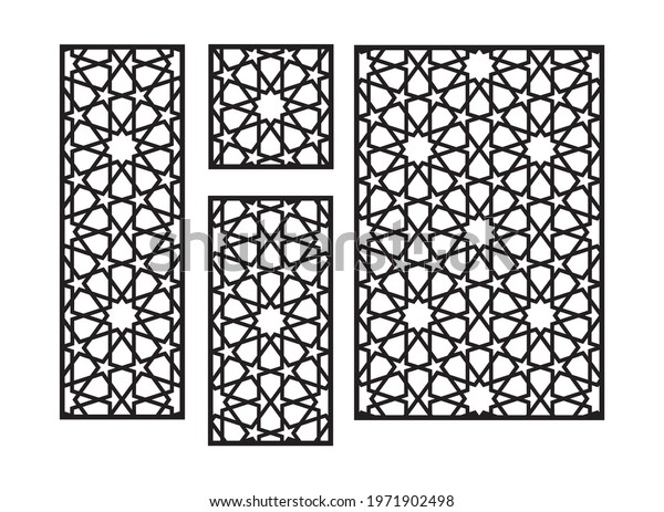 Islamic arabic cnc laser pattern.\
Decorative panel, screen,wall. Vector cnc panels set for laser\
cutting. Template for interior partition, room divider, privacy\
fence.