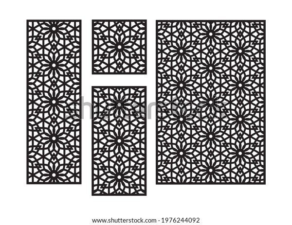 Islamic\
Arabic cnc laser pattern with flowers. Decorative panel, screen,\
wall. Vector CNC panels set for laser cutting. Template for\
interior partition, room divider, privacy\
fence.